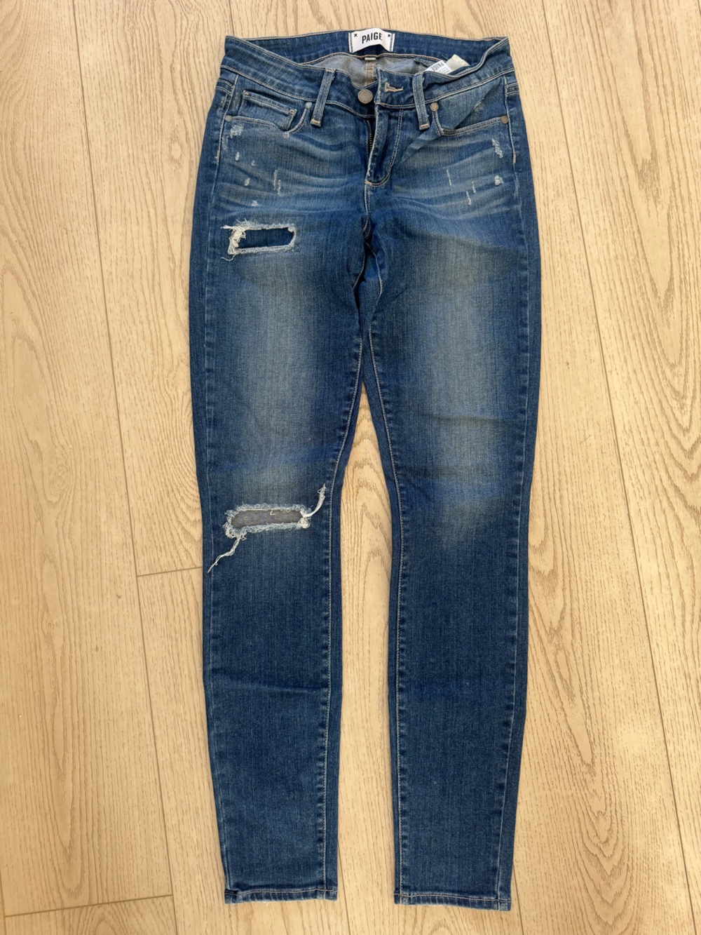 PAIGE Distressed Skinny Jeans in Dark Blue/ Mid-rise